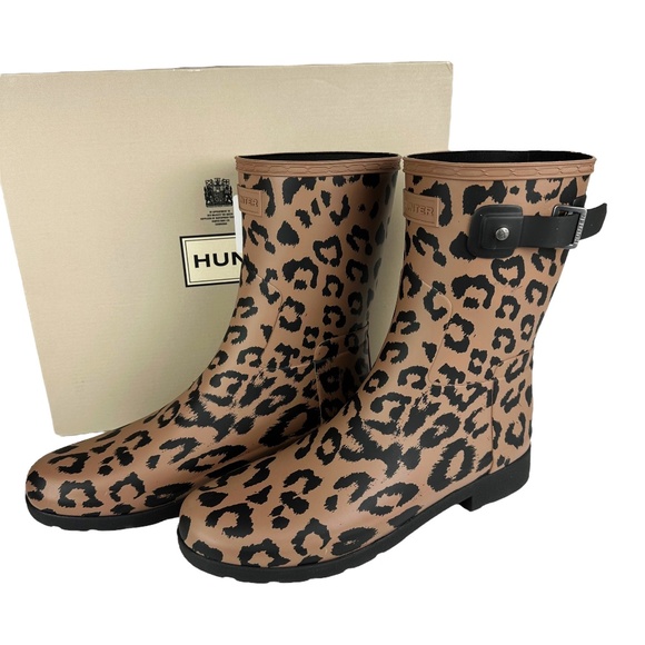 New HUNTER Original Leopard Print Refined Short Rain Boot Cheetah Sz 10